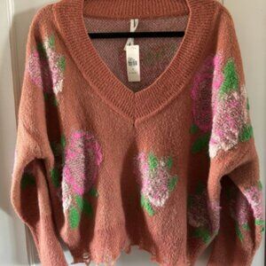 Anthropologie Slouchy Floral V-Neck Distress Hem Crop Knit Sweater (S)